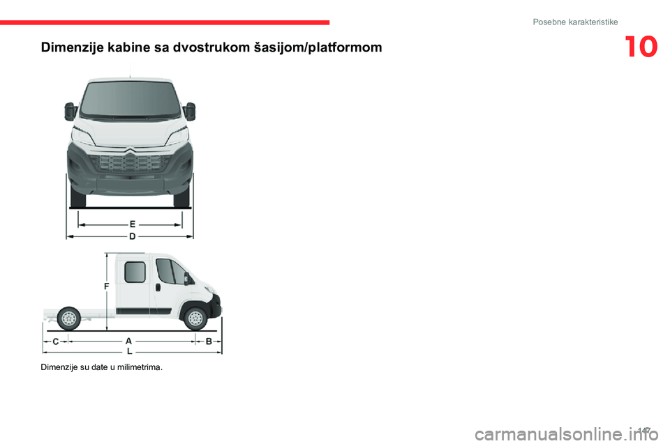 CITROEN JUMPER 2020  Priručnik (in Serbian) 147
Posebne karakteristike
10Dimenzije kabine sa dvostrukom šasijom/platformom 
  
 
Dimenzije su date u milimetrima.   