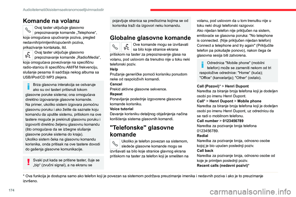 CITROEN JUMPER 2020  Priručnik (in Serbian) 174
Audio i telematički sistem sa ekranom osetljivim na dodir
Komande na volanu
Ovaj taster uključuje glasovno prepoznavanje komande „Telephone“, koja omogućava upućivanje poziva, pregled neda