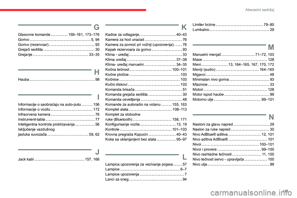 CITROEN JUMPER 2020  Priručnik (in Serbian) 181
Abecedni sadržaj
G
Glasovne komande   159–161, 173–176Gorivo   5, 94Gorivo (rezervoar)   93Grejači sedišta   30Grejanje   33–35
H
Hauba   98
I
Informacije o saobraćaju na auto-putu   156