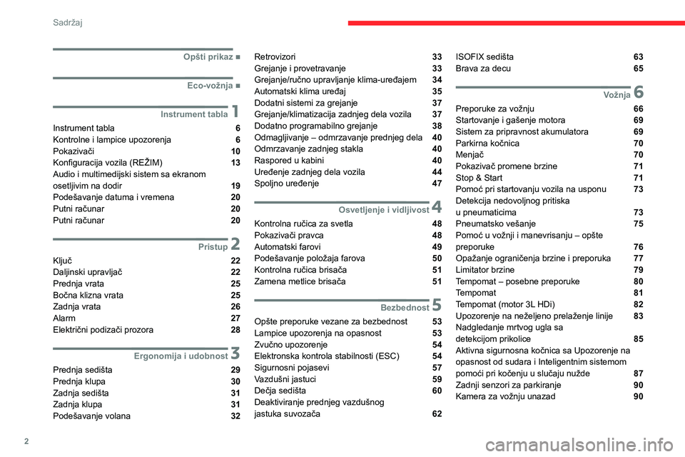 CITROEN JUMPER 2020  Priručnik (in Serbian) 2
Sadržaj
  
  
  
  ■Opšti prikaz
  ■Eco-vožnja
 1Instrument tabla
Instrument tabla  6Kontrolne i lampice upozorenja  6Pokazivači  10
Konfiguracija vozila (REŽIM)  13Audio i multimedijsk