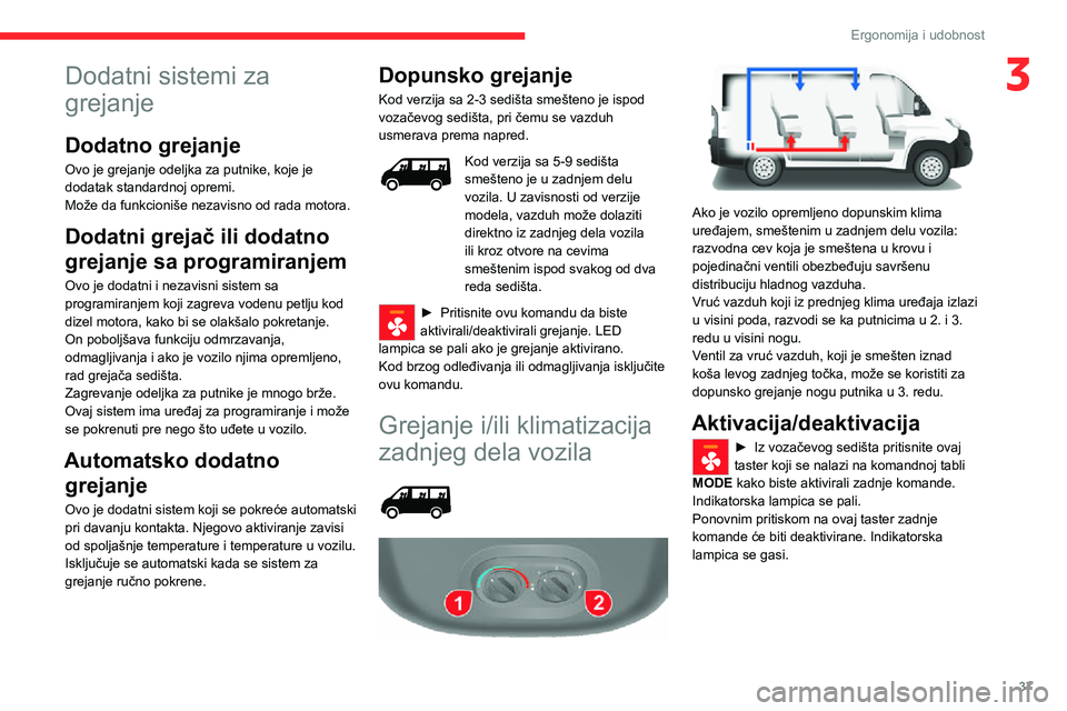 CITROEN JUMPER 2020  Priručnik (in Serbian) 37
Ergonomija i udobnost
3Dodatni sistemi za 
grejanje
Dodatno grejanje
Ovo je grejanje odeljka za putnike, koje je dodatak standardnoj opremi.Može da funkcioniše nezavisno od rada motora.
Dodatni g