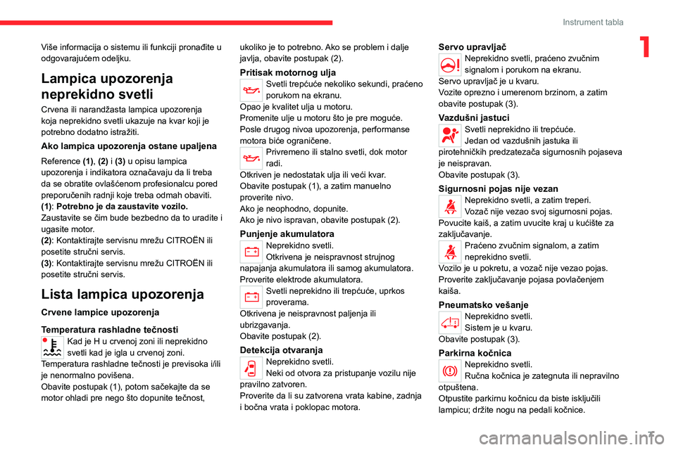 CITROEN JUMPER 2020  Priručnik (in Serbian) 7
Instrument tabla
1Više informacija o sistemu ili funkciji pronađite u odgovarajućem odeljku.
Lampica upozorenja 
neprekidno svetli
Crvena ili narandžasta lampica upozorenja koja neprekidno svetl