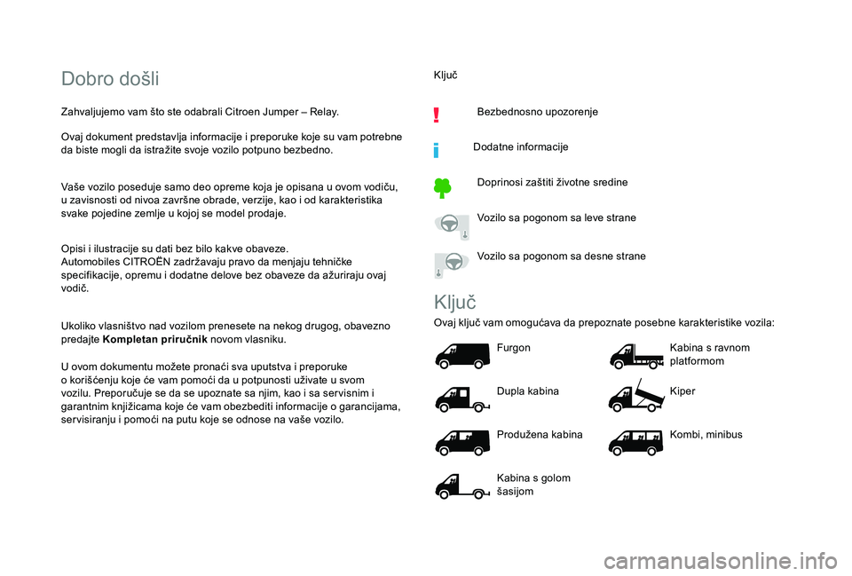 CITROEN JUMPER 2019  Priručnik (in Serbian) Dobro došli
Zahvaljujemo vam što ste odabrali Citroen Jumper – Relay.
Ovaj dokument predstavlja informacije i
 
preporuke koje su vam potrebne 
da biste mogli da istražite svoje vozilo potpuno be