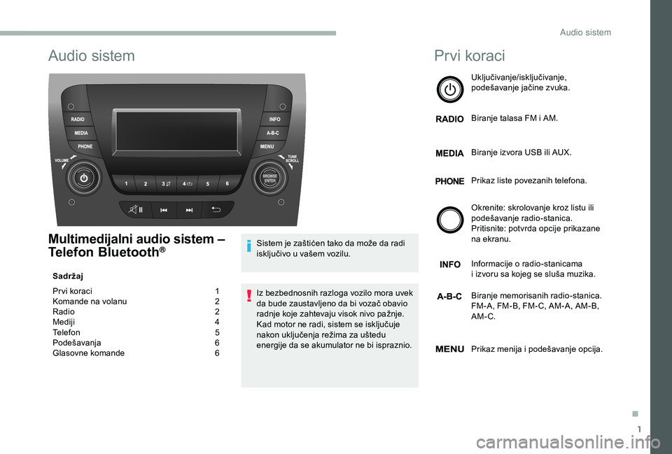 CITROEN JUMPER 2019  Priručnik (in Serbian) 1
Audio sistem
Multimedijalni audio sistem – 
Telefon Bluetooth®
Sadržaj
Pr vi koraci  
1
K

omande na volanu   
2
R

adio   
2
M

ediji   
4
T

elefon   
5
P

odešavanja   
6
G

lasovne komande 