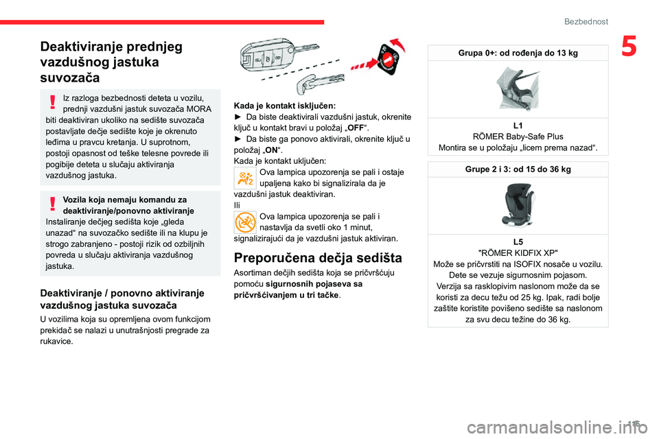 CITROEN JUMPER SPACETOURER 2021  Priručnik (in Serbian) 11 5
Bezbednost
5Deaktiviranje prednjeg 
vazdušnog jastuka 
suvozača
Iz razloga bezbednosti deteta u vozilu, 
prednji vazdušni jastuk suvozača MORA 
biti deaktiviran ukoliko na sedište suvozača 