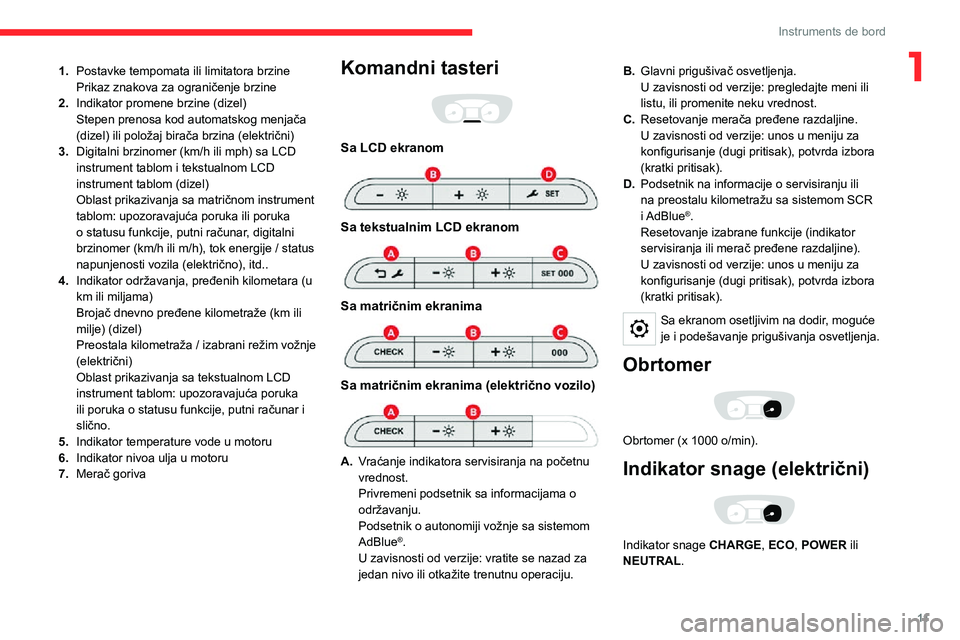 CITROEN JUMPER SPACETOURER 2021  Priručnik (in Serbian) 11
Instruments de bord
11.Postavke tempomata ili limitatora brzine
Prikaz znakova za ograničenje brzine
2. Indikator promene brzine (dizel)
Stepen prenosa kod automatskog menjača 
(dizel) ili polož