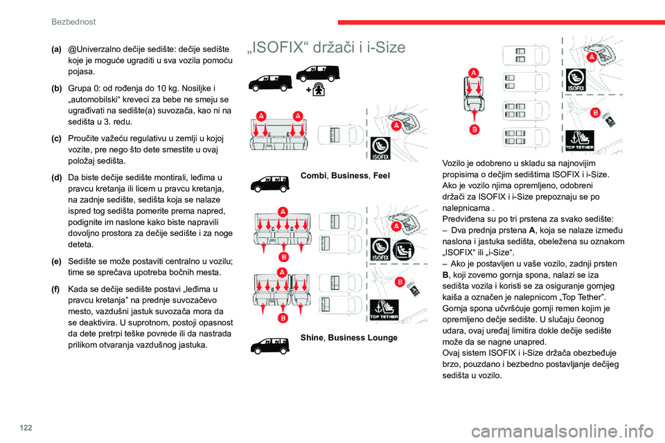 CITROEN JUMPER SPACETOURER 2021  Priručnik (in Serbian) 122
Bezbednost
(a)@Univerzalno dečije sedište: dečije sedište 
koje je moguće ugraditi u sva vozila pomoću 
pojasa.
(b) Grupa 0: od rođenja do 10 kg. Nosiljke i 
„automobilski“ kreveci za b