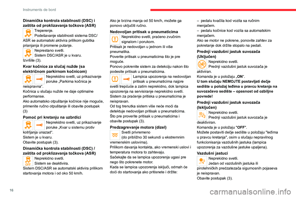 CITROEN JUMPER SPACETOURER 2021 Priručnik (in Serbian) 16
Instruments de bord
Dinamička kontrola stabilnosti (DSC) i
zaštita od proklizavanja točkova (ASR)
Treperenje.Podešavanje stabilnosti sistema DSC/
ASR se automatski aktivira prilikom gubitka
p CITROEN JUMPER SPACETOURER 2021 Priručnik (in Serbian) 16
Instruments de bord
Dinamička kontrola stabilnosti (DSC) i
zaštita od proklizavanja točkova (ASR)
Treperenje.Podešavanje stabilnosti sistema DSC/
ASR se automatski aktivira prilikom gubitka
p
