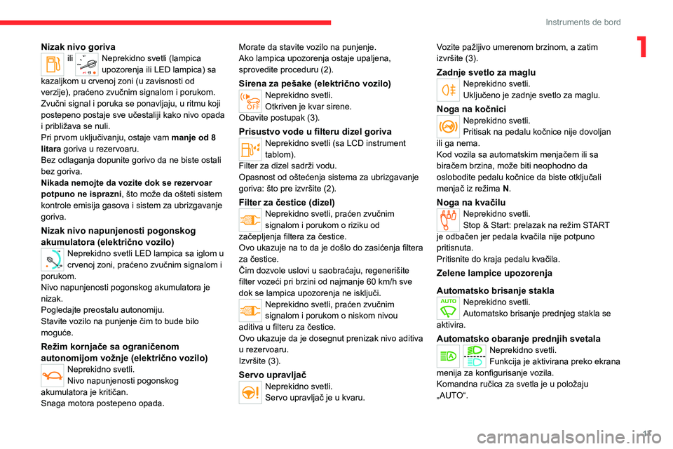 CITROEN JUMPER SPACETOURER 2021  Priručnik (in Serbian) 17
Instruments de bord
1Nizak nivo gorivaili Neprekidno svetli (lampica 
upozorenja ili LED lampica) sa 
kazaljkom u crvenoj zoni (u zavisnosti od 
verzije), praćeno zvučnim signalom i porukom.
Zvu�