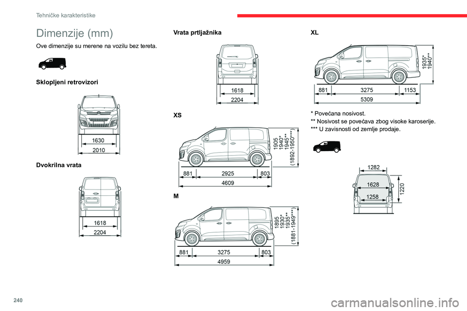 CITROEN JUMPER SPACETOURER 2021 Priručnik (in Serbian) 240
Tehničke karakteristike
Dimenzije (mm)
Ove dimenzije su merene na vozilu bez tereta.
Sklopljeni retrovizori
Dvokrilna vrata
Vrata prtljažnika
XS
M
XL
* Povećana nosivost.
** CITROEN JUMPER SPACETOURER 2021 Priručnik (in Serbian) 240
Tehničke karakteristike
Dimenzije (mm)
Ove dimenzije su merene na vozilu bez tereta.
Sklopljeni retrovizori
Dvokrilna vrata
Vrata prtljažnika
XS
M
XL
* Povećana nosivost.
**