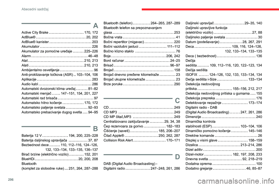 CITROEN JUMPER SPACETOURER 2021  Priručnik (in Serbian) 296
Abecedni sadržaj
A
Active City Brake   170, 172AdBlue®   20, 202AdBlue® kanister   203Akumulator   226Akumulator za pomoćne uređaje   225–226Alarm   46–48Alat   210, 213
Alati   210, 213A