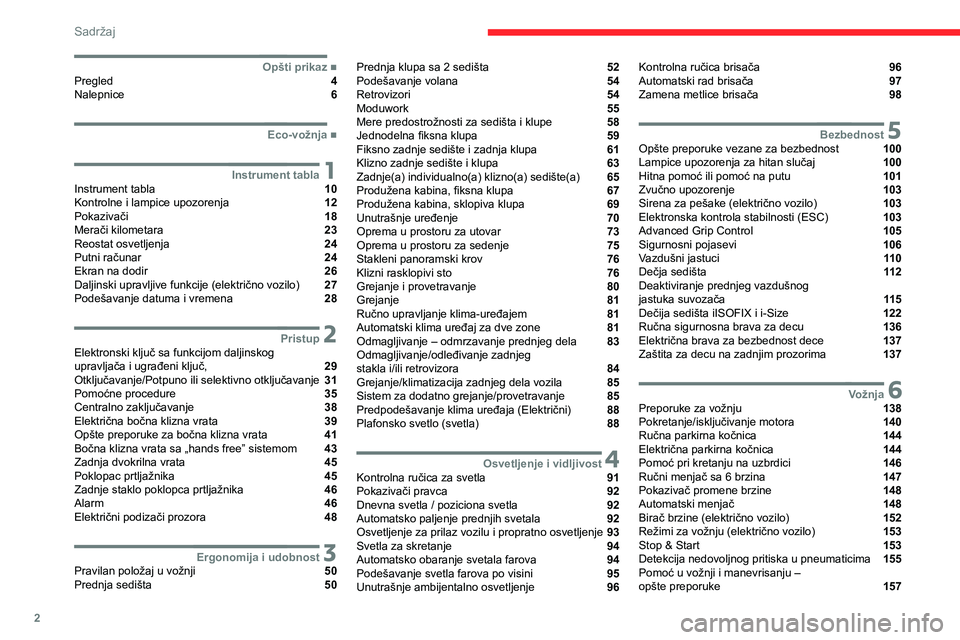 CITROEN JUMPER SPACETOURER 2021  Priručnik (in Serbian) 2
Sadržaj
  ■
Opšti prikazPregled  4
Nalepnice  6
  ■
Eco-vožnja
 1Instrument tablaInstrument tabla  10
Kontrolne i lampice upozorenja  12
Pokazivači  18
Merači kilometara  23
Reostat osv