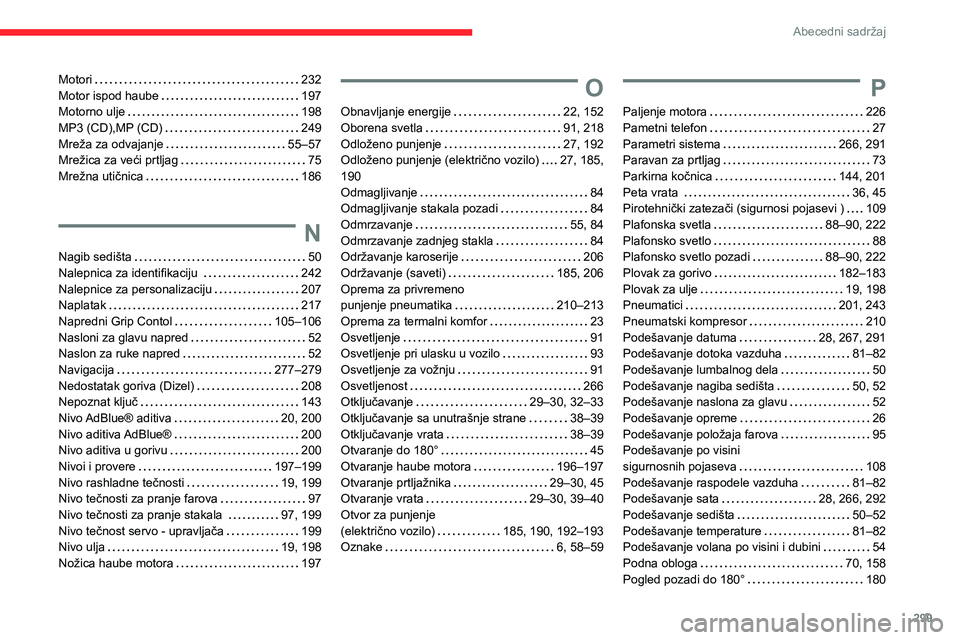 CITROEN JUMPER SPACETOURER 2021  Priručnik (in Serbian) 299
Abecedni sadržaj
Motori   232Motor ispod haube   197Motorno ulje   198MP3 (CD),MP (CD)   249Mreža za odvajanje   55–57Mrežica za veći prtljag   75Mrežna utičnica   186
N
Nagib sedišta   5