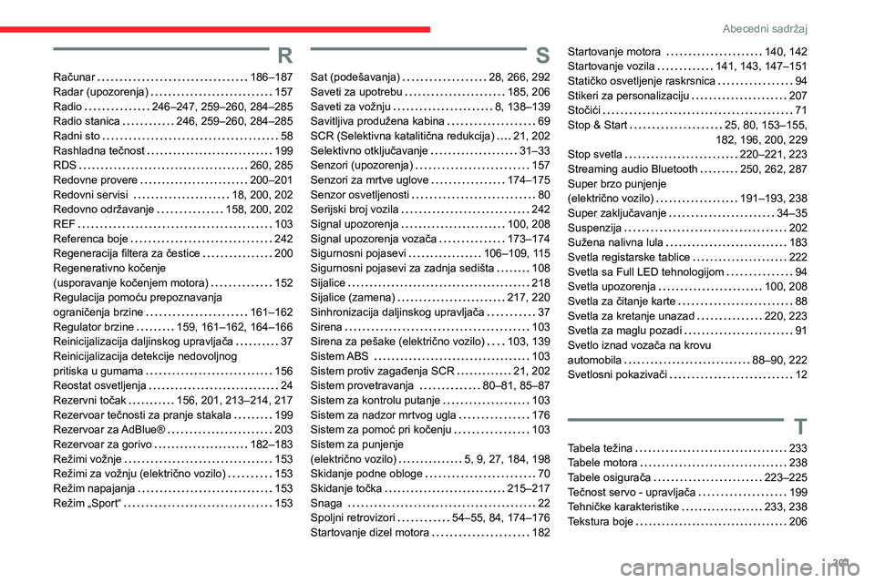 CITROEN JUMPER SPACETOURER 2021  Priručnik (in Serbian) 301
Abecedni sadržaj
R
Računar   186–187Radar (upozorenja)   157Radio   246–247, 259–260, 284–285Radio stanica   246, 259–260, 284–285Radni sto   58Rashladna tečnost   199RDS   260, 285