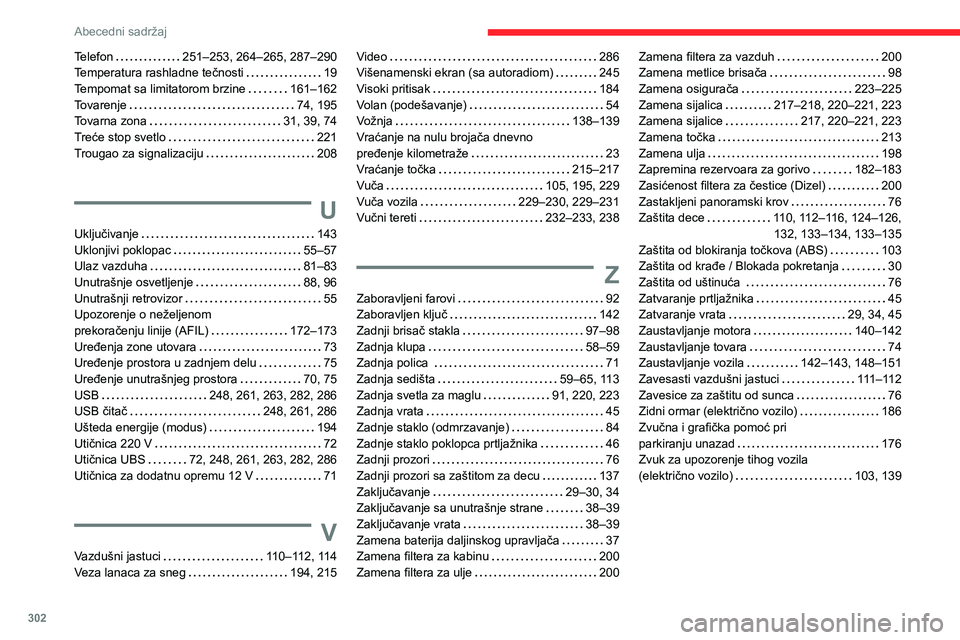 CITROEN JUMPER SPACETOURER 2021 Priručnik (in Serbian) 302
Abecedni sadržaj
Telefon 251–253, 264–265, 287–290Temperatura rashladne tečnosti 19Tempomat sa limitatorom brzine 161–162Tovarenje 74, 195Tovarna zona 31, 39, 74Treće stop sve CITROEN JUMPER SPACETOURER 2021 Priručnik (in Serbian) 302
Abecedni sadržaj
Telefon 251–253, 264–265, 287–290Temperatura rashladne tečnosti 19Tempomat sa limitatorom brzine 161–162Tovarenje 74, 195Tovarna zona 31, 39, 74Treće stop sve