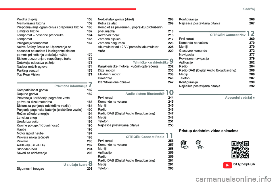 CITROEN JUMPER SPACETOURER 2021  Priručnik (in Serbian) 3
Sadržaj
  
  
 
 
 
 
Prednji displej  158
Memorisanje brzina  159
Prepoznavanje ograničenja i preporuka brzine  160
Limitator brzine  162
Tempomat – posebne preporuke  164
Tempomat  165
Prilago