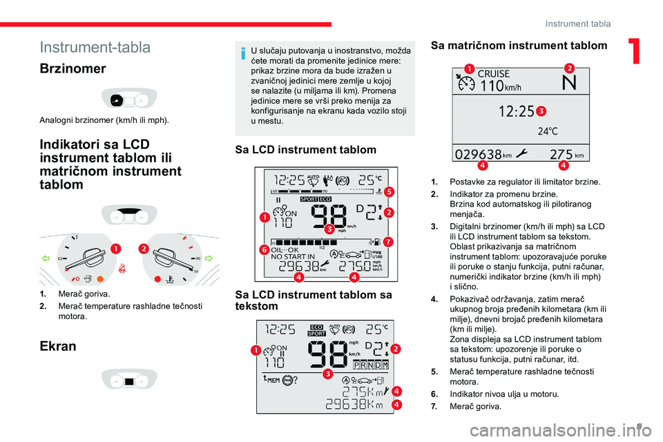 CITROEN JUMPER SPACETOURER 2020  Priručnik (in Serbian) 9
Instrument-tabla
Brzinomer
Analogni brzinomer (km/h ili mph).
Indikatori sa LCD 
instrument tablom ili 
matričnom instrument 
tablom
1.Merač goriva.
2. Merač temperature rashladne tečnosti 
moto