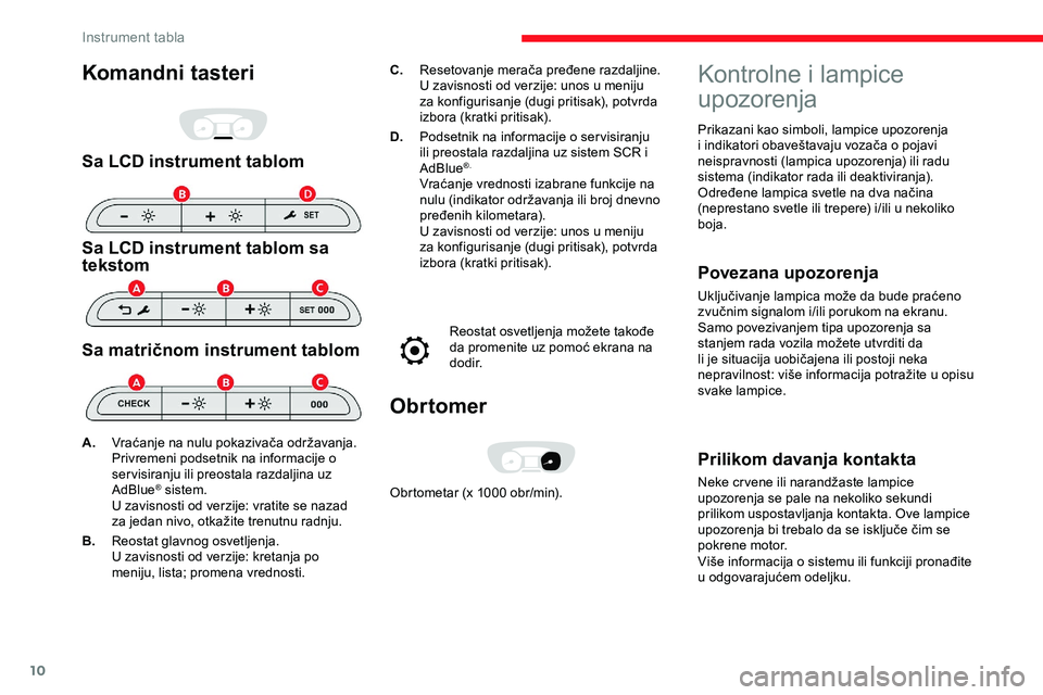 CITROEN JUMPER SPACETOURER 2020 Priručnik (in Serbian) 10
Komandni tasteri
Sa LCD instrument tablom
Sa LCD instrument tablom sa
tekstom
Sa matričnom instrument tablom
C.Resetovanje merača pređene razdaljine.
U zavisnosti od verzije: unos u meniju
za CITROEN JUMPER SPACETOURER 2020 Priručnik (in Serbian) 10
Komandni tasteri
Sa LCD instrument tablom
Sa LCD instrument tablom sa
tekstom
Sa matričnom instrument tablom
C.Resetovanje merača pređene razdaljine.
U zavisnosti od verzije: unos u meniju
za