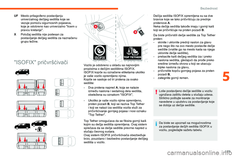 CITROEN JUMPER SPACETOURER 2020  Priručnik (in Serbian) 129
UFMesto prilagođeno postavljanju 
univerzalnog dečijeg sedišta koje se 
vezuje pomoću sigurnosnih pojaseva, 
koje je odobreno kao univerzalno "licem u 
pravcu kretanja".
X Položaj sed