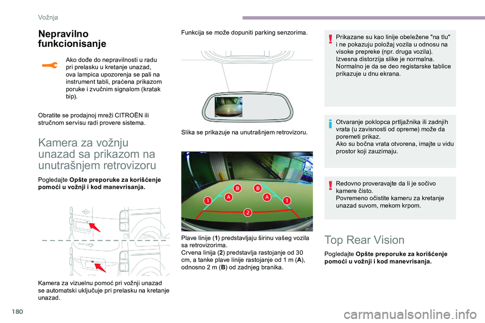 CITROEN JUMPER SPACETOURER 2020  Priručnik (in Serbian) 180
Nepravilno 
funkcionisanje
Kamera za vožnju 
unazad sa prikazom na 
unutrašnjem retrovizoru
Pogledajte Opšte preporuke za korišćenje 
pomoći u vožnji i kod manevrisanja.
Kamera za vizuelnu 