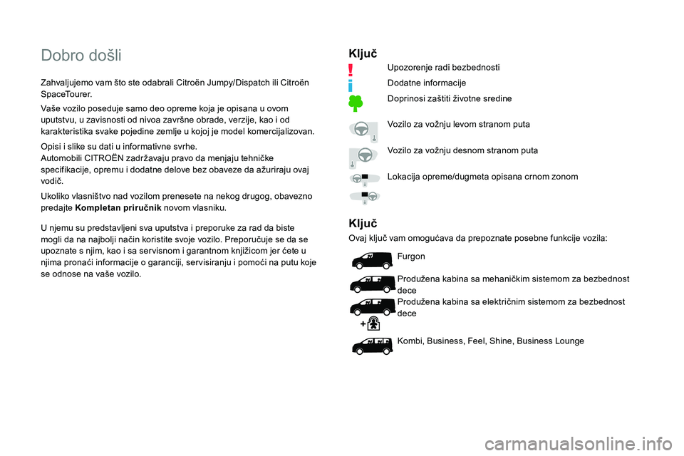 CITROEN JUMPER SPACETOURER 2020 Priručnik (in Serbian) Dobro došli
Zahvaljujemo vam što ste odabrali Citroën Jumpy/Dispatch ili Citroën
SpaceTourer.
Vaše vozilo poseduje samo deo opreme koja je opisana u ovom
uputstvu, u zavisnosti od nivoa završn CITROEN JUMPER SPACETOURER 2020 Priručnik (in Serbian) Dobro došli
Zahvaljujemo vam što ste odabrali Citroën Jumpy/Dispatch ili Citroën
SpaceTourer.
Vaše vozilo poseduje samo deo opreme koja je opisana u ovom
uputstvu, u zavisnosti od nivoa završn
