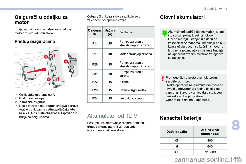 CITROEN JUMPER SPACETOURER 2020 Priručnik (in Serbian) 219
Osigurači u odeljku za
motor
Kutija sa osiguračima nalazi se u delu sa
motorom blizu akumulatora.
Pristup osiguračima
F Otključajte obe bravice A.
F P odignite poklopac.
F
Z
amenite osig CITROEN JUMPER SPACETOURER 2020 Priručnik (in Serbian) 219
Osigurači u odeljku za
motor
Kutija sa osiguračima nalazi se u delu sa
motorom blizu akumulatora.
Pristup osiguračima
F Otključajte obe bravice A.
F P odignite poklopac.
F
Z
amenite osig