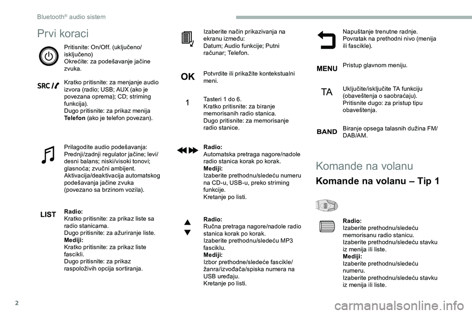 CITROEN JUMPER SPACETOURER 2020  Priručnik (in Serbian) 2
Prvi koraci
Pritisnite: On/Off. (uključeno/
isključeno)
Okrećite: za podešavanje jačine 
zvuka.
Kratko pritisnite: za menjanje audio 
izvora (radio; USB; AUX (ako je 
povezana oprema); CD; stri