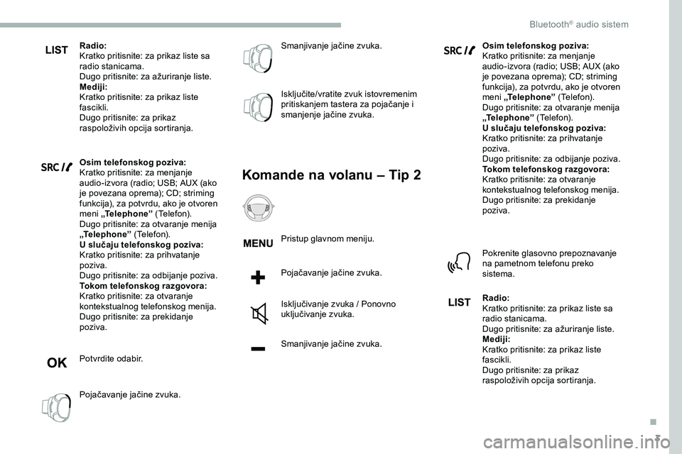 CITROEN JUMPER SPACETOURER 2020  Priručnik (in Serbian) 3
Radio:
Kratko pritisnite: za prikaz liste sa 
radio stanicama.
Dugo pritisnite: za ažuriranje liste.
Mediji:
Kratko pritisnite: za prikaz liste 
fascikli.
Dugo pritisnite: za prikaz 
raspoloživih 