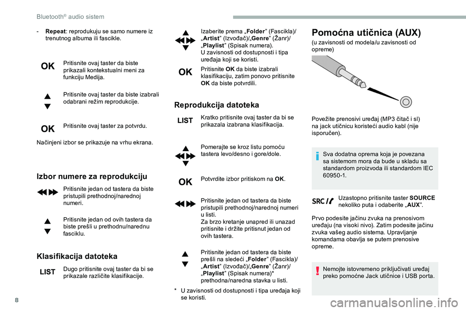 CITROEN JUMPER SPACETOURER 2020 Priručnik (in Serbian) 8
- Repeat: reprodukuju se samo numere iz
trenutnog albuma ili fascikle.
Pritisnite ovaj taster da biste
prikazali kontekstualni meni za
funkciju Medija.
Pritisnite ovaj taster da biste izabrali
o CITROEN JUMPER SPACETOURER 2020 Priručnik (in Serbian) 8
- Repeat: reprodukuju se samo numere iz
trenutnog albuma ili fascikle.
Pritisnite ovaj taster da biste
prikazali kontekstualni meni za
funkciju Medija.
Pritisnite ovaj taster da biste izabrali
o