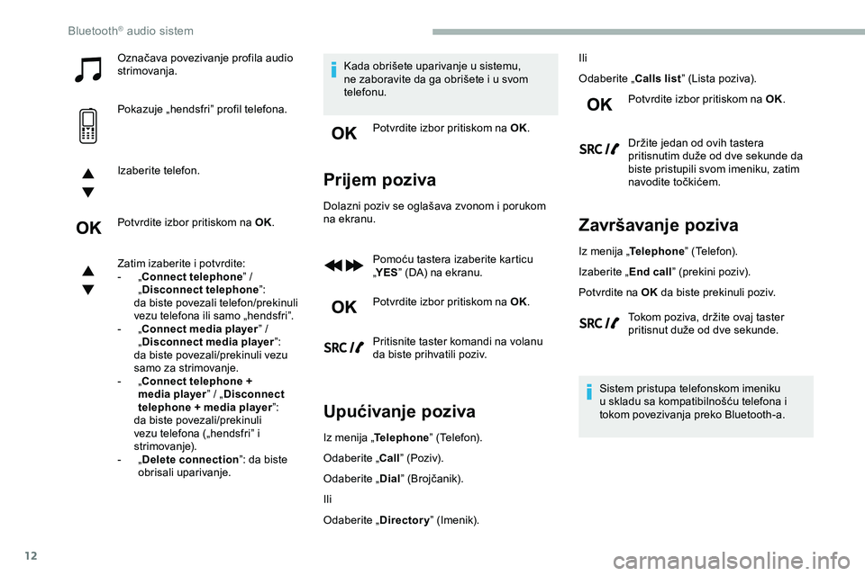 CITROEN JUMPER SPACETOURER 2020 Priručnik (in Serbian) 12
Označava povezivanje profila audio
strimovanja.
Pokazuje „hendsfri” profil telefona.
Izaberite telefon.
Potvrdite izbor pritiskom na OK.
Zatim izaberite i potvrdite:
-
„
Connect telephone CITROEN JUMPER SPACETOURER 2020 Priručnik (in Serbian) 12
Označava povezivanje profila audio
strimovanja.
Pokazuje „hendsfri” profil telefona.
Izaberite telefon.
Potvrdite izbor pritiskom na OK.
Zatim izaberite i potvrdite:
-
„
Connect telephone