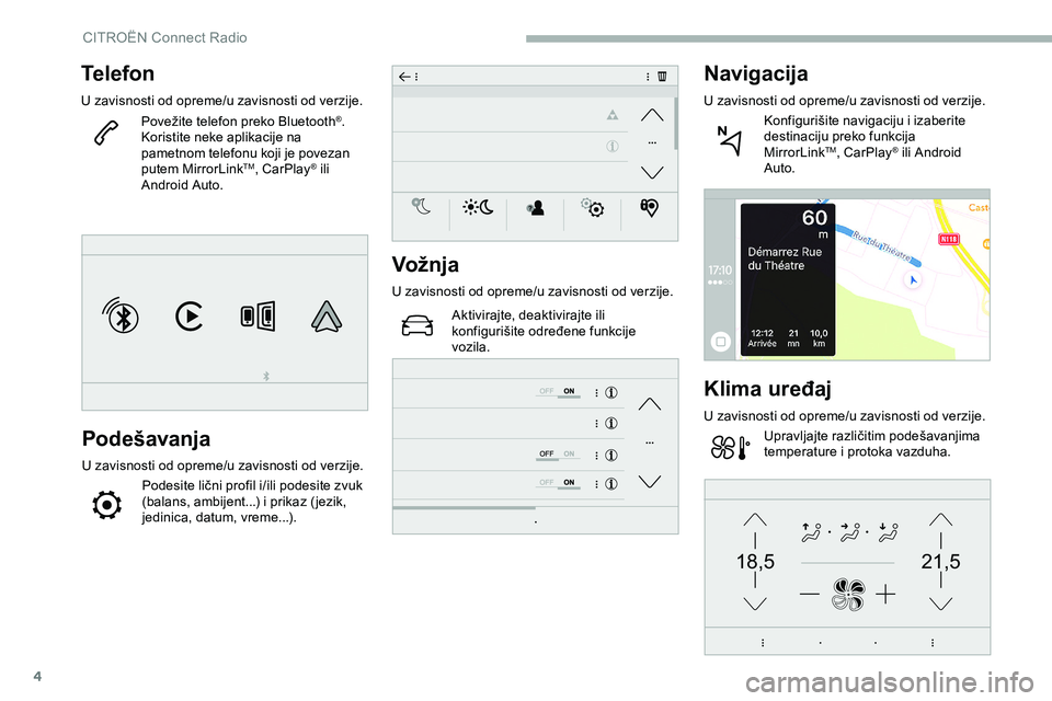 CITROEN JUMPER SPACETOURER 2020  Priručnik (in Serbian) 4
21,518,5
Telefon
U zavisnosti od opreme/u zavisnosti od verzije.Povežite telefon preko Bluetooth®.
Koristite neke aplikacije na 
pametnom telefonu koji je povezan 
putem MirrorLink
TM, CarPlay® i