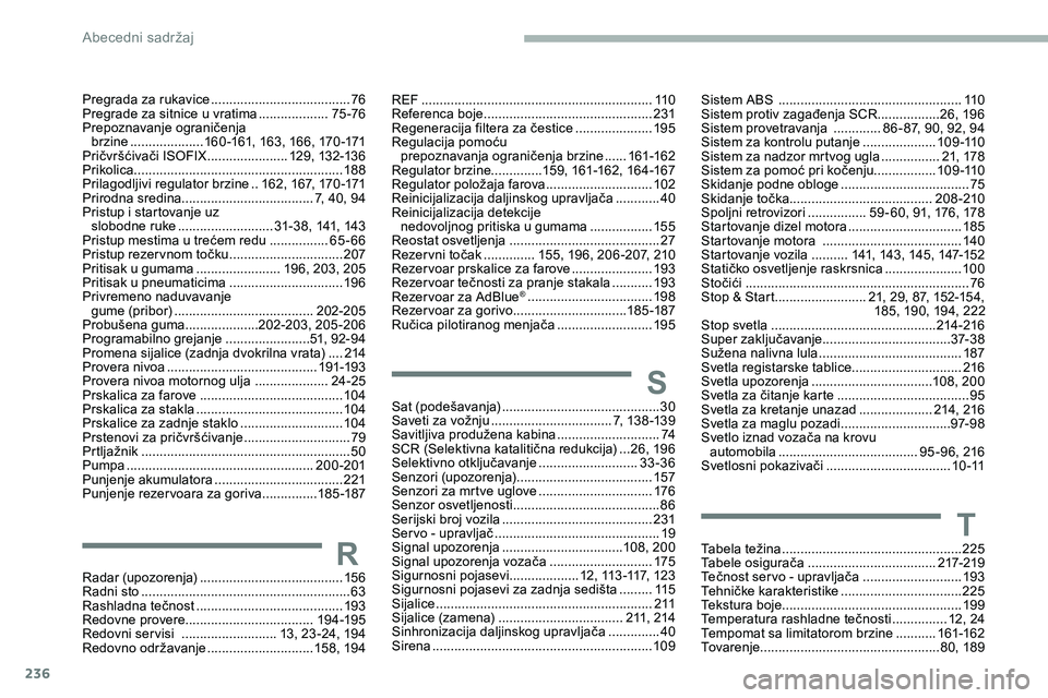 CITROEN JUMPER SPACETOURER 2020  Priručnik (in Serbian) 236
RRadar (upozorenja) .......................................15 6
Radni sto  ......................................................... 63
R
ashladna tečnost
 .......................................