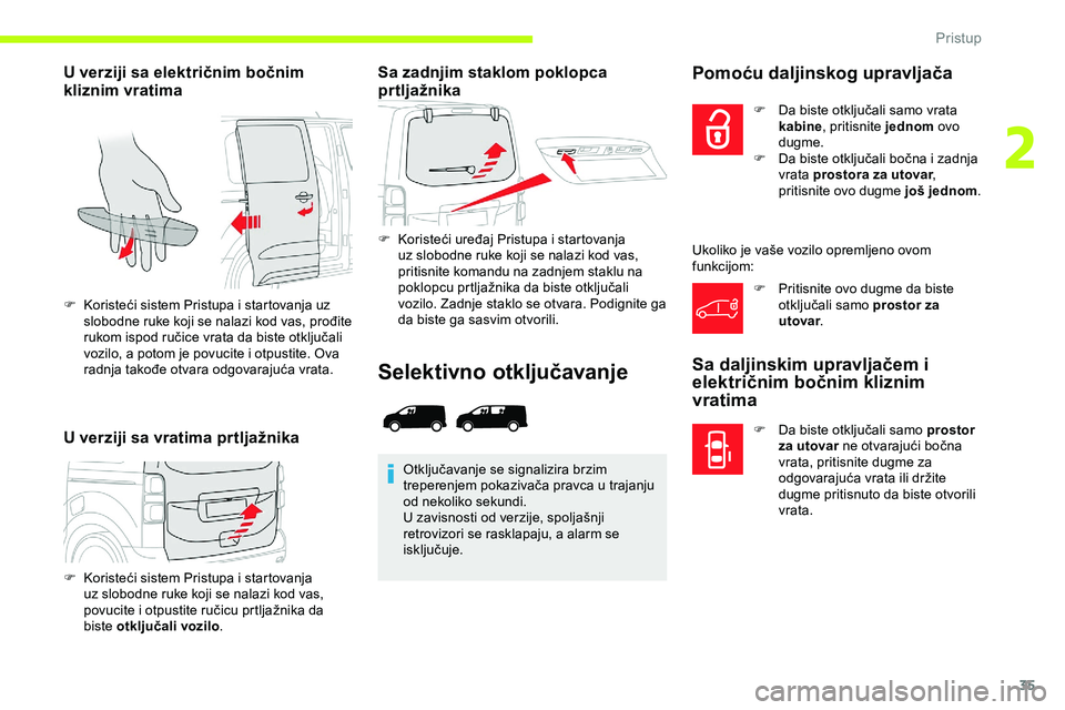 CITROEN JUMPER SPACETOURER 2020  Priručnik (in Serbian) 35
U verziji sa električnim bočnim 
kliznim vratima
U verziji sa vratima prtljažnikaSa zadnjim staklom poklopca 
prtljažnika
F Koristeći uređaj Pristupa i startovanja 
uz slobodne ruke koji se n