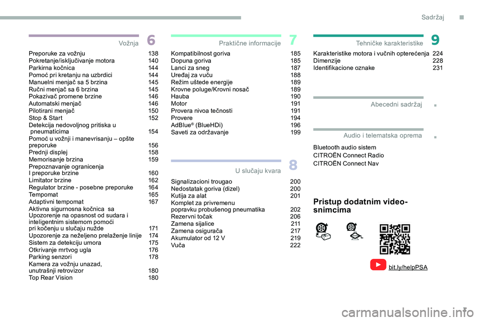 CITROEN JUMPER SPACETOURER 2020  Priručnik (in Serbian) 3
.
.
Preporuke za vožnju 138
Pokretanje/isključivanje motora 1 40
Parkirna kočnica
 
1
 44
Pomoć pri kretanju na uzbrdici
 
1
 44
Manuelni menjač sa 5 brzina
 
1
 45
Ručni menjač sa 6 brzina
 