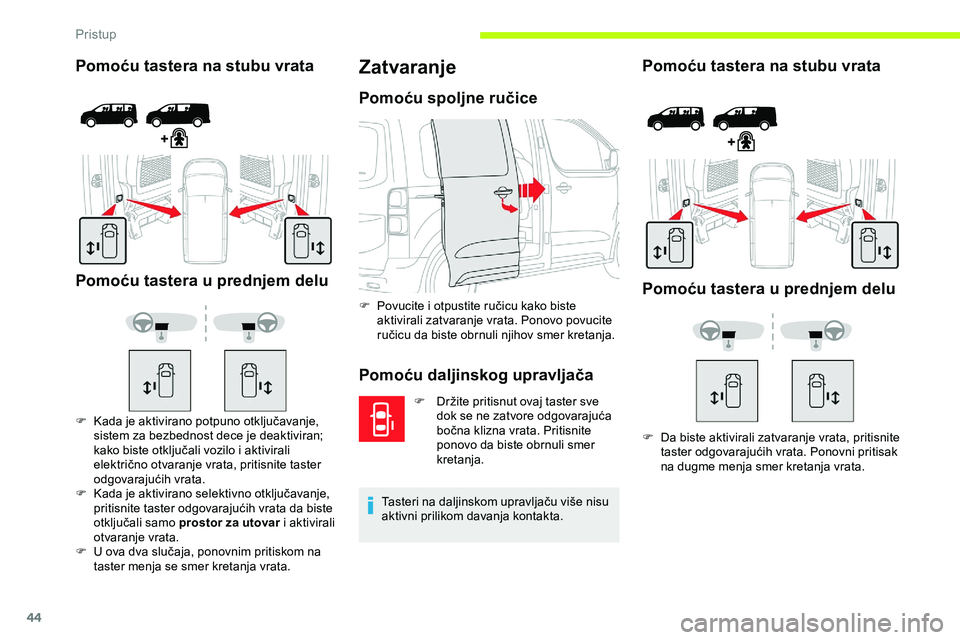 CITROEN JUMPER SPACETOURER 2020  Priručnik (in Serbian) 44
Pomoću tastera na stubu vrata
Pomoću tastera u prednjem delu
F Kada je aktivirano potpuno otključavanje,  sistem za bezbednost dece je deaktiviran; 
kako biste otključali vozilo i aktivirali 
e