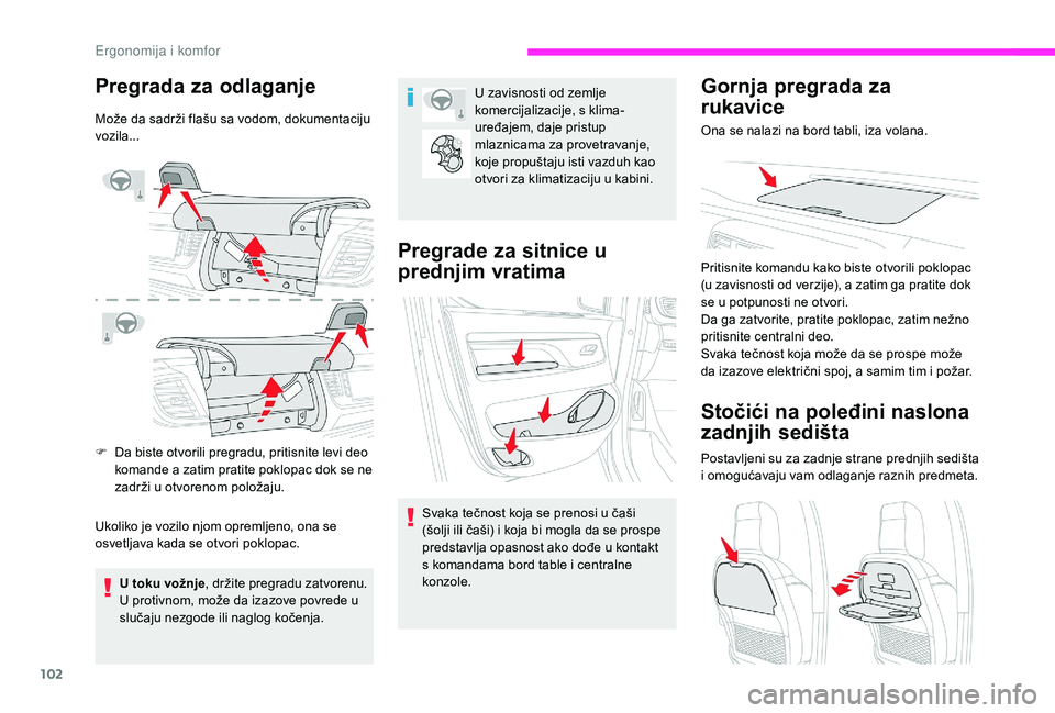 CITROEN JUMPER SPACETOURER 2018 Priručnik (in Serbian) 102
Pregrada za odlaganje
Može da sadrži flašu sa vodom, dokumentaciju
vozila...
F
D
a biste otvorili pregradu, pritisnite levi deo
komande a zatim pratite poklopac dok se ne
zadrži u otvoren CITROEN JUMPER SPACETOURER 2018 Priručnik (in Serbian) 102
Pregrada za odlaganje
Može da sadrži flašu sa vodom, dokumentaciju
vozila...
F
D
a biste otvorili pregradu, pritisnite levi deo
komande a zatim pratite poklopac dok se ne
zadrži u otvoren