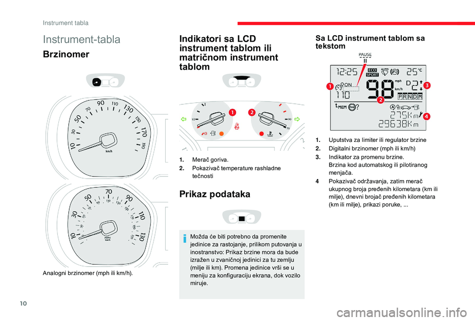 CITROEN JUMPER SPACETOURER 2018  Priručnik (in Serbian) 10
Instrument-tabla
Brzinomer
Analogni brzinomer (mph ili km/h).
Indikatori sa LCD 
instrument tablom ili 
matričnom instrument 
tablom
1.Merač goriva.
2. Pokazivač temperature rashladne 
tečnosti