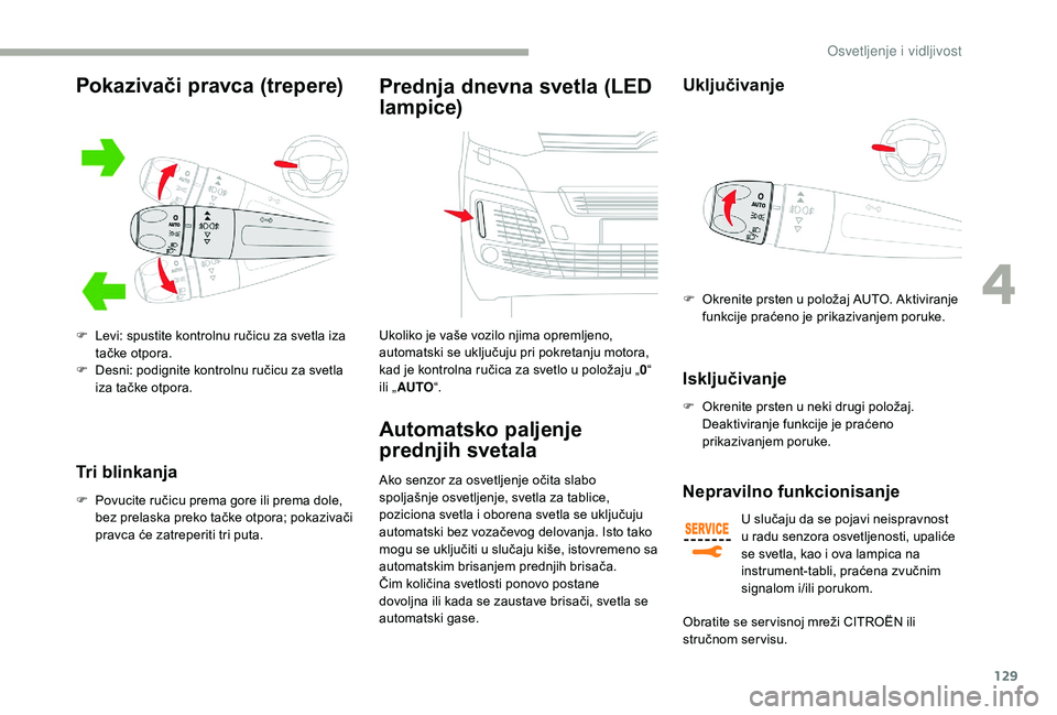 CITROEN JUMPER SPACETOURER 2018 Priručnik (in Serbian) 129
Tri blinkanja
F Povucite ručicu prema gore ili prema dole, bez prelaska preko tačke otpora; pokazivači
pravca će zatreperiti tri puta.
Prednja dnevna svetla (LED
lampice)
Ukoliko je vaše vo CITROEN JUMPER SPACETOURER 2018 Priručnik (in Serbian) 129
Tri blinkanja
F Povucite ručicu prema gore ili prema dole, bez prelaska preko tačke otpora; pokazivači
pravca će zatreperiti tri puta.
Prednja dnevna svetla (LED
lampice)
Ukoliko je vaše vo