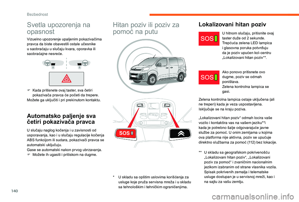 CITROEN JUMPER SPACETOURER 2018 Priručnik (in Serbian) 140
Svetla upozorenja na
opasnost
Vizuelno upozorenje upaljenim pokazivačima
pravca da biste obavestili ostale učesnike
u saobraćaju u slučaju kvara, oporavka ili
saobraćajne nesreće.
F
K
CITROEN JUMPER SPACETOURER 2018 Priručnik (in Serbian) 140
Svetla upozorenja na
opasnost
Vizuelno upozorenje upaljenim pokazivačima
pravca da biste obavestili ostale učesnike
u saobraćaju u slučaju kvara, oporavka ili
saobraćajne nesreće.
F
K