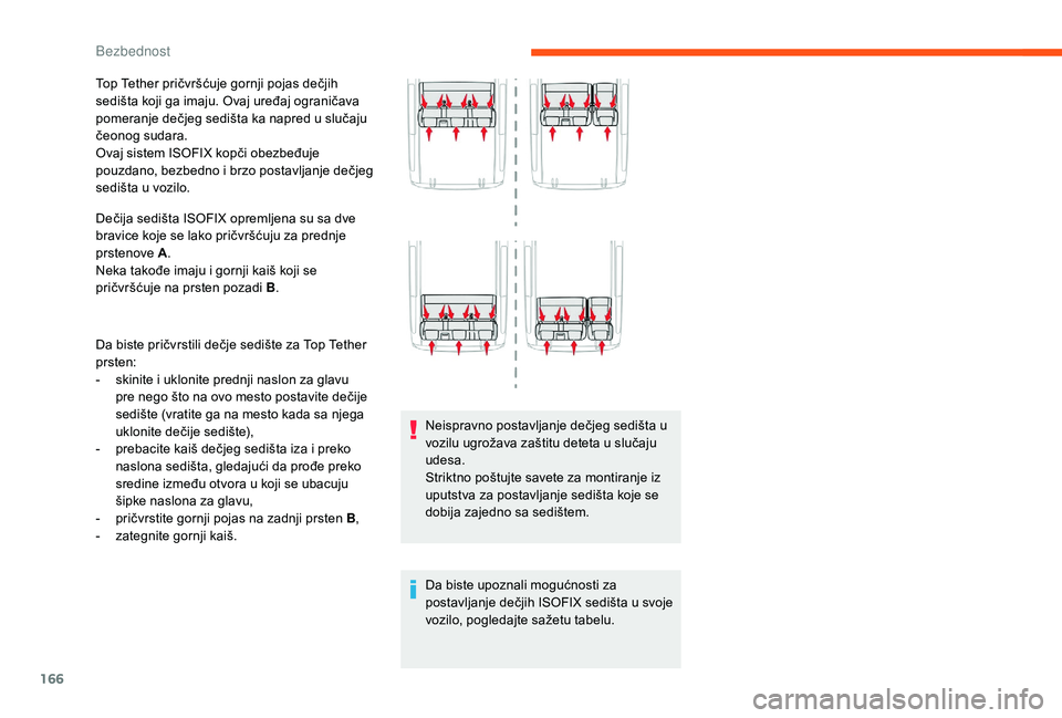 CITROEN JUMPER SPACETOURER 2018  Priručnik (in Serbian) 166
Top Tether pričvršćuje gornji pojas dečjih 
sedišta koji ga imaju. Ovaj uređaj ograničava 
pomeranje dečjeg sedišta ka napred u slučaju 
čeonog sudara.
Ovaj sistem ISOFIX kopči obezbe�