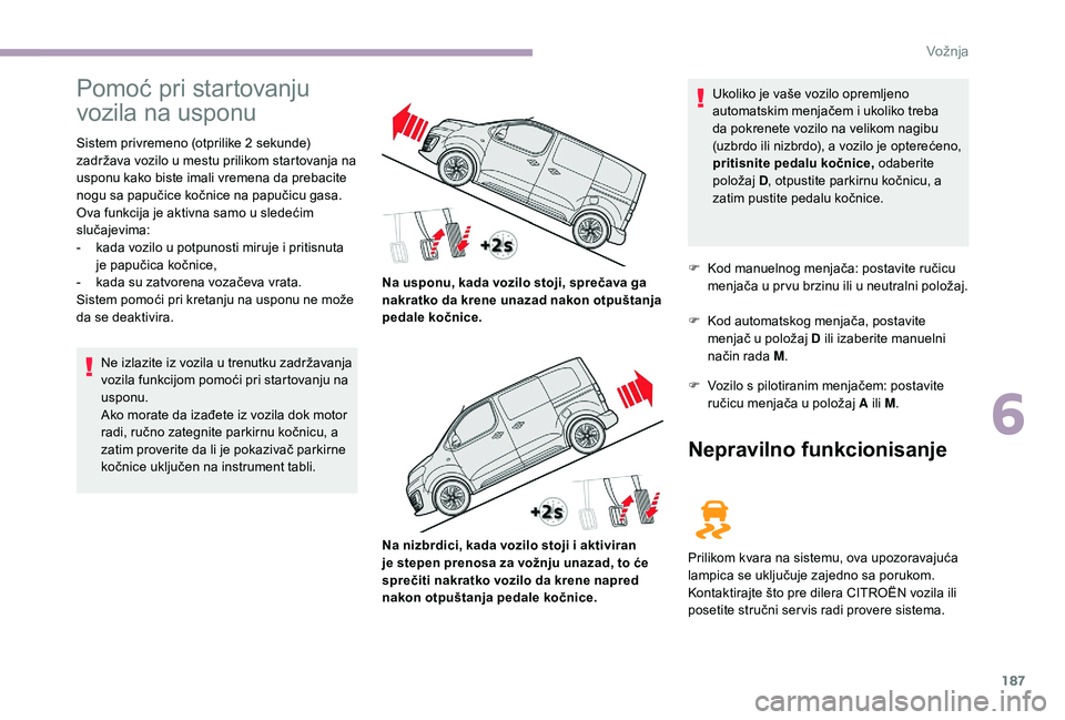 CITROEN JUMPER SPACETOURER 2018 Priručnik (in Serbian) 187
Pomoć pri startovanju
vozila na usponu
Sistem privremeno (otprilike 2 sekunde)
z adržava vozilo u mestu prilikom startovanja na
usponu kako biste imali vremena da prebacite
nogu sa papučice CITROEN JUMPER SPACETOURER 2018 Priručnik (in Serbian) 187
Pomoć pri startovanju
vozila na usponu
Sistem privremeno (otprilike 2 sekunde)
z adržava vozilo u mestu prilikom startovanja na
usponu kako biste imali vremena da prebacite
nogu sa papučice