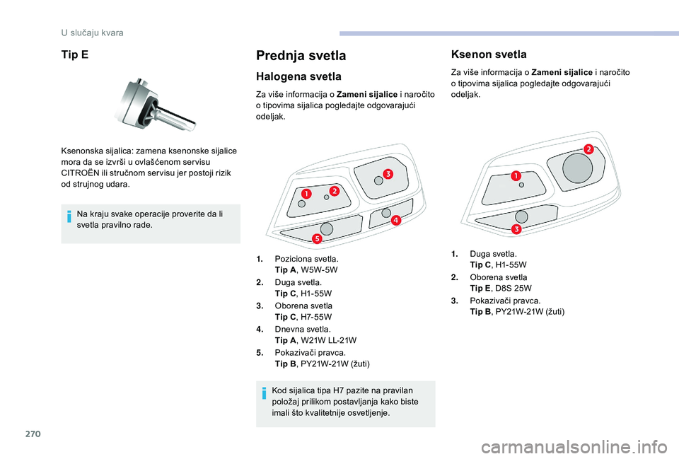 CITROEN JUMPER SPACETOURER 2018 Priručnik (in Serbian) 270
Tip E
Na kraju svake operacije proverite da li
svetla pravilno rade.
Prednja svetla
Halogena svetla
Ksenonska sijalica: zamena ksenonske sijalice
mora da se izvrši u ovlašćenom ser visu
CITR CITROEN JUMPER SPACETOURER 2018 Priručnik (in Serbian) 270
Tip E
Na kraju svake operacije proverite da li
svetla pravilno rade.
Prednja svetla
Halogena svetla
Ksenonska sijalica: zamena ksenonske sijalice
mora da se izvrši u ovlašćenom ser visu
CITR