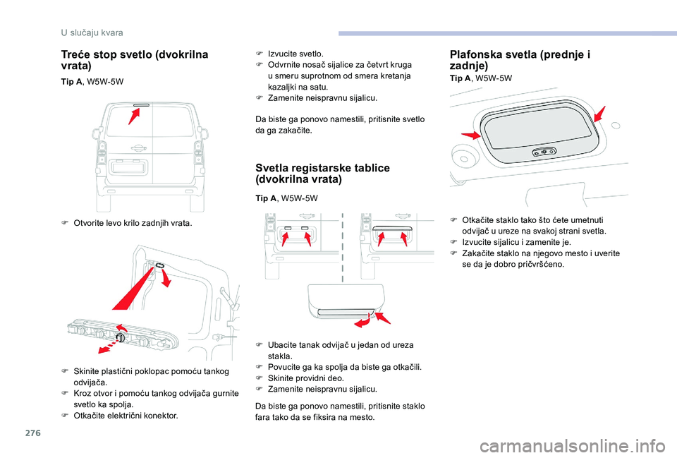 CITROEN JUMPER SPACETOURER 2018 Priručnik (in Serbian) 276
Treće stop svetlo (dvokrilna
vrata)
Tip A, W5W-5W
F
O
tvorite levo krilo zadnjih vrata. F
I
zvucite svetlo.
F
O
dvrnite nosač sijalice za četvrt kruga
u smeru suprotnom od smera kret CITROEN JUMPER SPACETOURER 2018 Priručnik (in Serbian) 276
Treće stop svetlo (dvokrilna
vrata)
Tip A, W5W-5W
F
O
tvorite levo krilo zadnjih vrata. F
I
zvucite svetlo.
F
O
dvrnite nosač sijalice za četvrt kruga
u smeru suprotnom od smera kret
