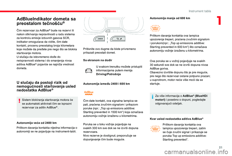 CITROEN JUMPER SPACETOURER 2018 Priručnik (in Serbian) 31
AdBlueIndikator dometa sa
preostalom tečnošću®
Čim rezer voar za AdBlue® bude na rezer vi ili
nakon otkrivanja nepravilnosti u radu sistema
za kontrolu emisije izduvnih gasova SCR,
indika CITROEN JUMPER SPACETOURER 2018 Priručnik (in Serbian) 31
AdBlueIndikator dometa sa
preostalom tečnošću®
Čim rezer voar za AdBlue® bude na rezer vi ili
nakon otkrivanja nepravilnosti u radu sistema
za kontrolu emisije izduvnih gasova SCR,
indika