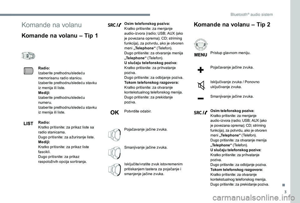 CITROEN JUMPER SPACETOURER 2018 Priručnik (in Serbian) 3
Komande na volanu
Komande na volanu – Tip 1
Radio:
Izaberite prethodnu/sledeću
memorisanu radio stanicu.
Izaberite prethodnu/sledeću stavku
iz menija ili liste.
Mediji:
Izaberite prethodnu/sle CITROEN JUMPER SPACETOURER 2018 Priručnik (in Serbian) 3
Komande na volanu
Komande na volanu – Tip 1
Radio:
Izaberite prethodnu/sledeću
memorisanu radio stanicu.
Izaberite prethodnu/sledeću stavku
iz menija ili liste.
Mediji:
Izaberite prethodnu/sle