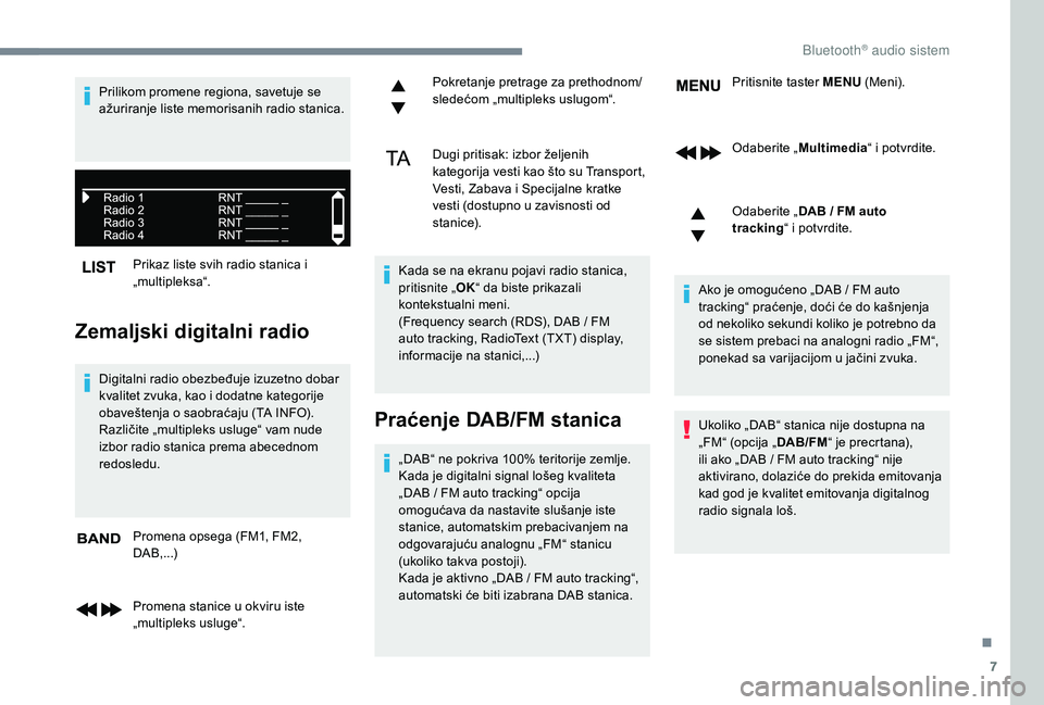 CITROEN JUMPER SPACETOURER 2018 Priručnik (in Serbian) 7
Prikaz liste svih radio stanica i
„multipleksa“.
Zemaljski digitalni radio
Digitalni radio obezbeđuje izuzetno dobar
kvalitet zvuka, kao i dodatne kategorije
obaveštenja o saobraćaju (TA I CITROEN JUMPER SPACETOURER 2018 Priručnik (in Serbian) 7
Prikaz liste svih radio stanica i
„multipleksa“.
Zemaljski digitalni radio
Digitalni radio obezbeđuje izuzetno dobar
kvalitet zvuka, kao i dodatne kategorije
obaveštenja o saobraćaju (TA I