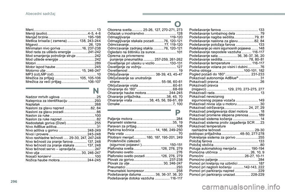 CITROEN JUMPER SPACETOURER 2018  Priručnik (in Serbian) 296
Paljenje motora .............................................284
Parametri sistema  .....................................3 5, 19
Paravan za prtljag
 
......................................... 10

