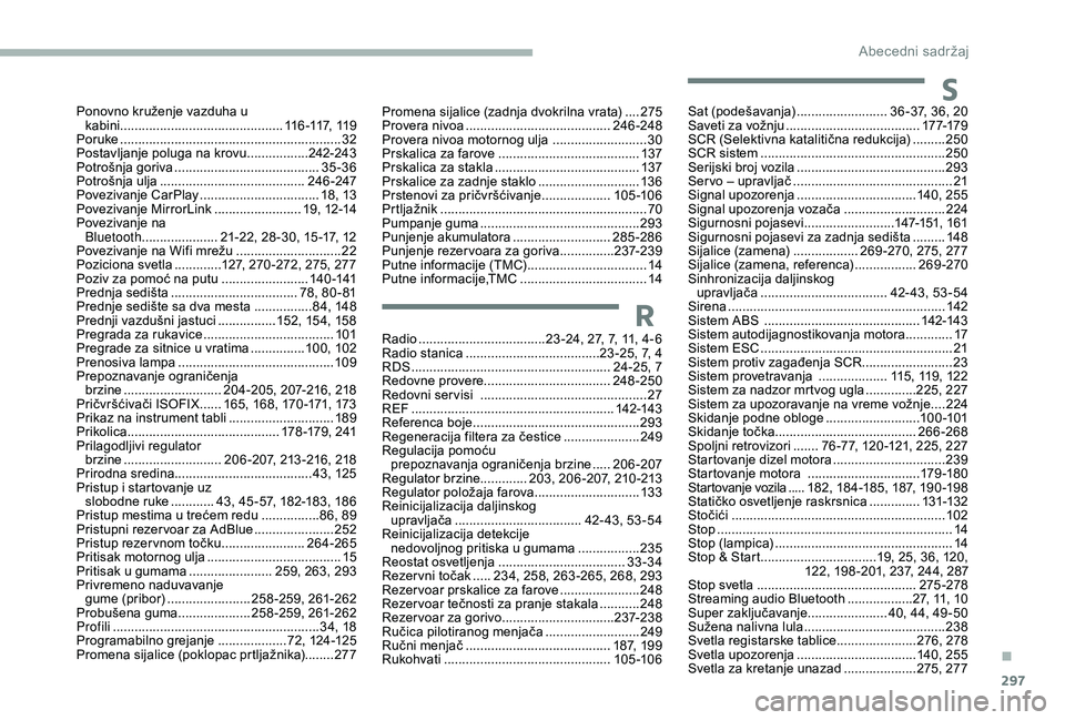 CITROEN JUMPER SPACETOURER 2018  Priručnik (in Serbian) 297
Sat (podešavanja) ......................... 36 -37, 36, 20
Saveti za vožnju  ..................................... 17
7-179
SCR (Selektivna katalitična redukcija)
 
.........25

0
SCR sistem
 
