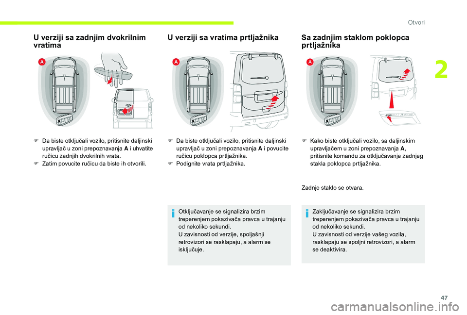 CITROEN JUMPER SPACETOURER 2018 Priručnik (in Serbian) 47
U verziji sa zadnjim dvokrilnim
vratimaU verziji sa vratima prtljažnika
Otključavanje se signalizira brzim
treperenjem pokazivača pravca u trajanju
od nekoliko sekundi.
U zavisnosti od verzij CITROEN JUMPER SPACETOURER 2018 Priručnik (in Serbian) 47
U verziji sa zadnjim dvokrilnim
vratimaU verziji sa vratima prtljažnika
Otključavanje se signalizira brzim
treperenjem pokazivača pravca u trajanju
od nekoliko sekundi.
U zavisnosti od verzij
