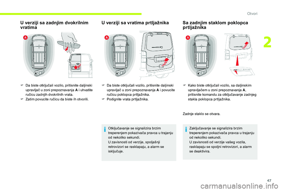 CITROEN JUMPER SPACETOURER 2018  Priručnik (in Serbian) 47
U verziji sa zadnjim dvokrilnim 
vratimaU verziji sa vratima prtljažnika
Otključavanje se signalizira brzim 
treperenjem pokazivača pravca u trajanju 
od nekoliko sekundi.
U zavisnosti od verzij